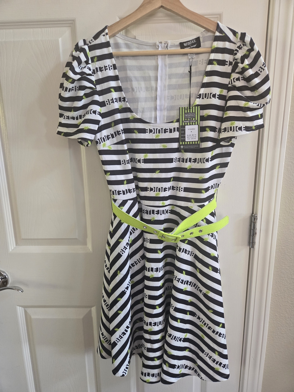UNIQUE VINTAGE x BEETLEJUICE Black and White Belted Swing Dress- M